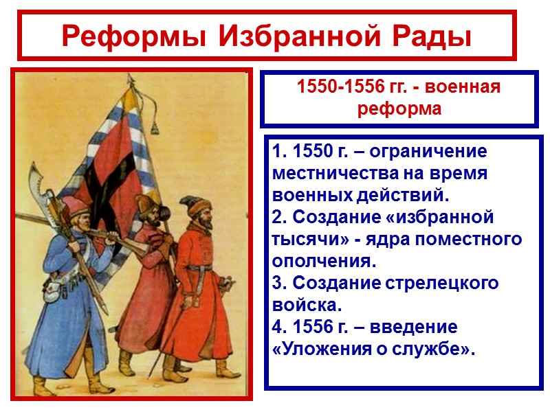 Реформы Избранной Рады 1550-1556 гг. - военная реформа 1. 1550 г. – ограничение местничества